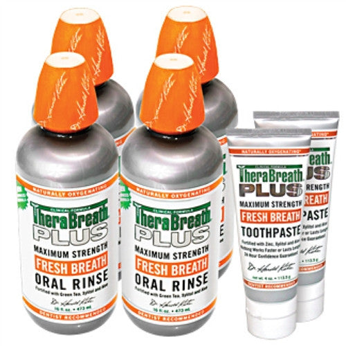 Therabreath Plus Oral Rinse (Package of Four)  Bundled With Therabreath Plus Toothpaste ( 2 Tubes) - Powerful For Conquering Bad Breath